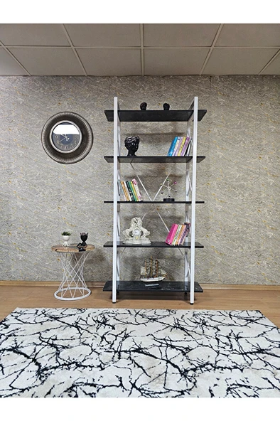 Çıkıntılı Beyaz Boyalı Kitaplık - 5 Raflı Suntalem Lüks Kitaplık Siyah Mermer - 2