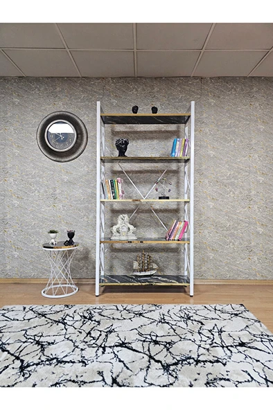 Beyaz Boyalı Kitaplık - 5 Raflı Suntalem Lüks Kitaplık Luanda Gold Cumbalı - 2