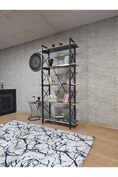 Çıkıntılı Siyah Boyalı Kitaplık - 5 Raflı Suntalem Lüks Kitaplık Luanda Gold Cumbalı - 3