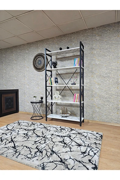 Siyah Boyalı Kitaplık - 5 Raflı Suntalem Lüks Kitaplık Beyaz Mermer - 3