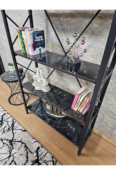 Siyah Boyalı Kitaplık - 5 Raflı Suntalem Lüks Kitaplık Siyah Mermer - 4