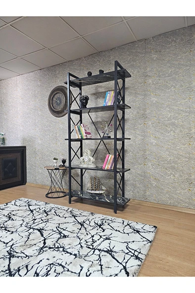 Çıkıntılı Siyah Boyalı Kitaplık - 5 Raflı Suntalem Lüks Kitaplık Luanda - 3