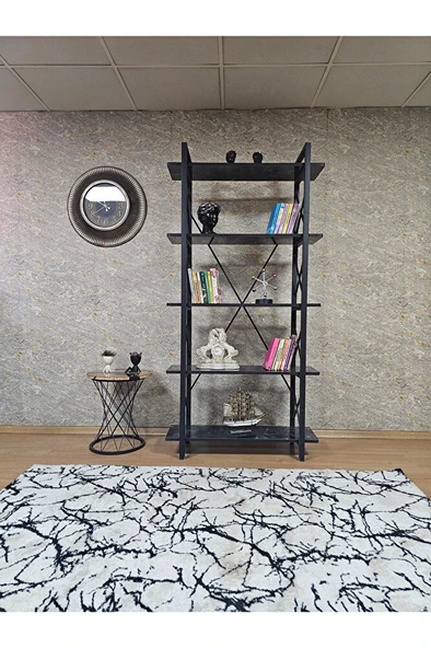 Çıkıntılı Siyah Boyalı Kitaplık - 5 Raflı Suntalem Lüks Kitaplık Siyah Mermer - 2