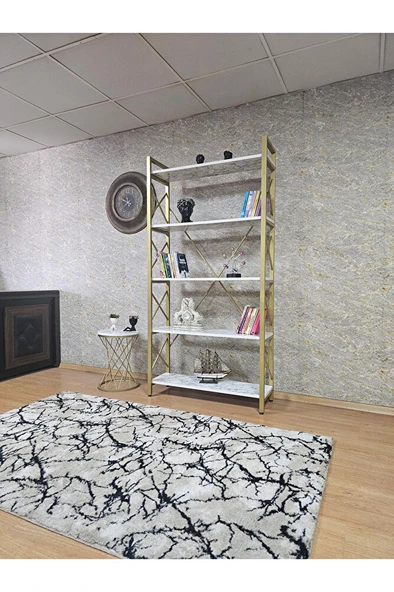 Gold Boyalı Kitaplık - 5 Raflı Suntalem Lüks Kitaplık Beyaz Mermer - 3