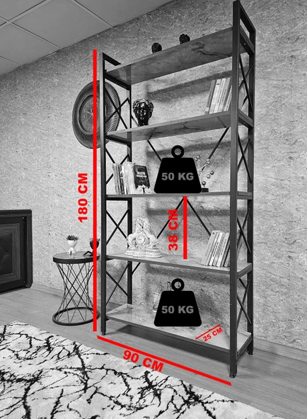 Beyaz Boyalı Kitaplık - 5 Raflı Suntalem Lüks Kitaplık Luanda Gold Cumbalı - 5