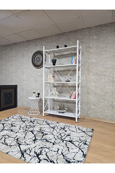 Beyaz Boyalı Kitaplık - 5 Raflı Suntalem Lüks Kitaplık Beyaz Mermer - 3