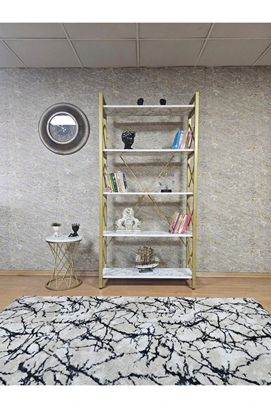 Gold Boyalı Kitaplık - 5 Raflı Suntalem Lüks Kitaplık Beyaz Mermer - 2