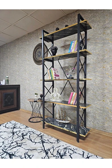 Çıkıntılı Siyah Boyalı Kitaplık - 5 Raflı Suntalem Lüks Kitaplık Luanda Gold Cumbalı