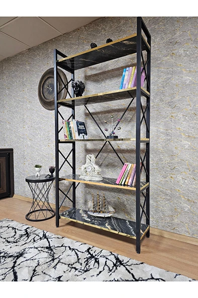 Siyah Boyalı Kitaplık - 5 Raflı Suntalem Lüks Kitaplık Luanda Gold Cumbalı