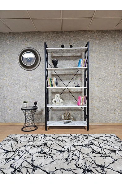 Siyah Boyalı Kitaplık - 5 Raflı Suntalem Lüks Kitaplık Beyaz Mermer - 2