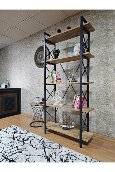 Çıkıntılı Siyah Boyalı Kitaplık - 5 Raflı Suntalem Lüks Kitaplık Atlas Çam