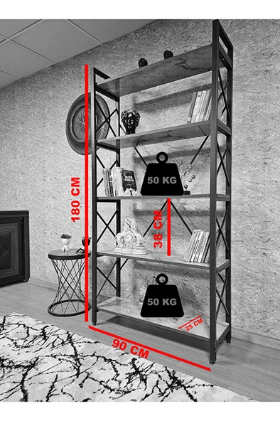 Siyah Boyalı Kitaplık - 5 Raflı Suntalem Lüks Kitaplık Marmol - 5