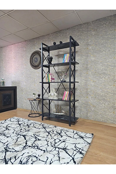 Çıkıntılı Siyah Boyalı Kitaplık - 5 Raflı Suntalem Lüks Kitaplık Siyah Mermer - 3