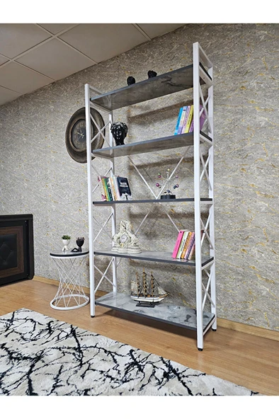 Beyaz Boyalı Kitaplık - 5 Raflı Suntalem Lüks Kitaplık Marmol