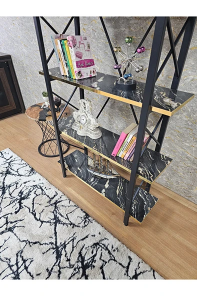 Çıkıntılı Siyah Boyalı Kitaplık - 5 Raflı Suntalem Lüks Kitaplık Luanda Gold Cumbalı - 4