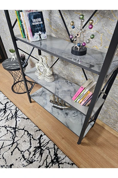 Siyah Boyalı Kitaplık - 5 Raflı Suntalem Lüks Kitaplık Marmol - 4