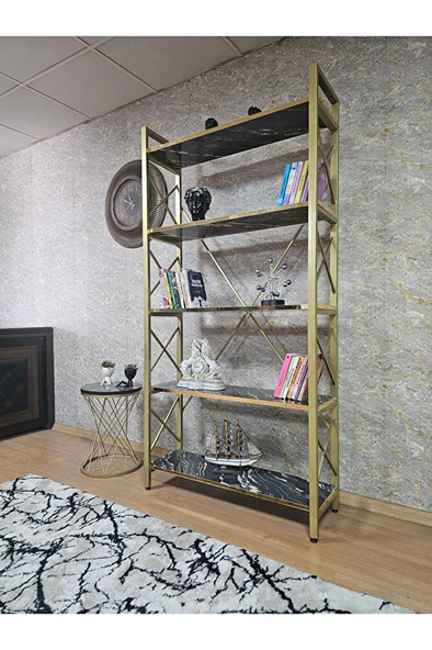 Gold Boyalı Kitaplık - 5 Raflı Suntalem Lüks Kitaplık Luanda Gold Cumbalı