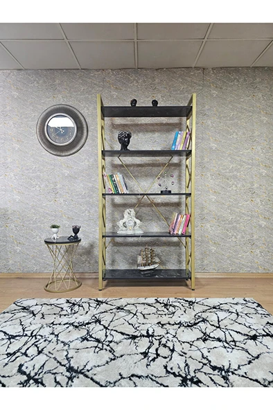 Gold Boyalı Kitaplık - 5 Raflı Suntalem Lüks Kitaplık Siyah Mermer - 2