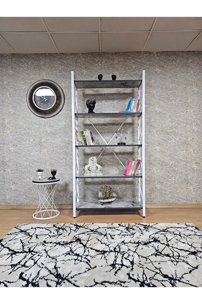 Beyaz Boyalı Kitaplık - 5 Raflı Suntalem Lüks Kitaplık Marmol - 2