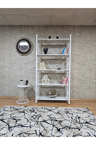 Beyaz Boyalı Kitaplık - 5 Raflı Suntalem Lüks Kitaplık Beyaz Mermer - 2