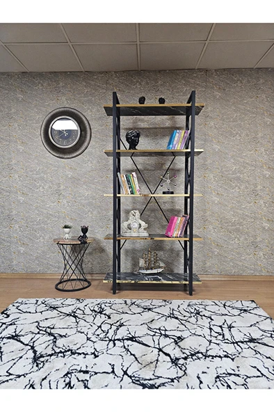 Çıkıntılı Siyah Boyalı Kitaplık - 5 Raflı Suntalem Lüks Kitaplık Luanda Gold Cumbalı - 2