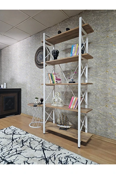 Çıkıntılı Beyaz Boyalı Kitaplık - 5 Raflı Suntalem Lüks Kitaplık Atlas Çam