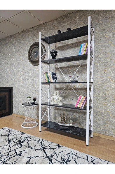 Beyaz Boyalı Kitaplık - 5 Raflı Suntalem Lüks Kitaplık Siyah Mermer