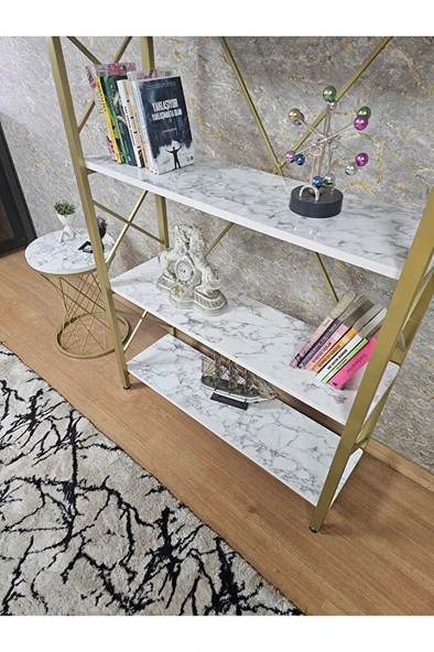 Gold Boyalı Kitaplık - 5 Raflı Suntalem Lüks Kitaplık Beyaz Mermer - 4