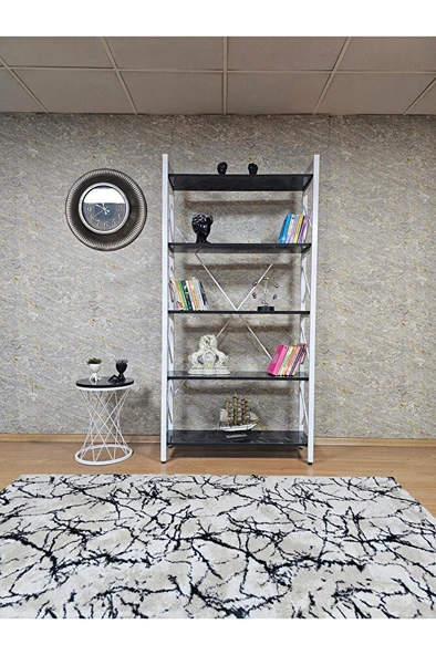 Beyaz Boyalı Kitaplık - 5 Raflı Suntalem Lüks Kitaplık Siyah Mermer - 2