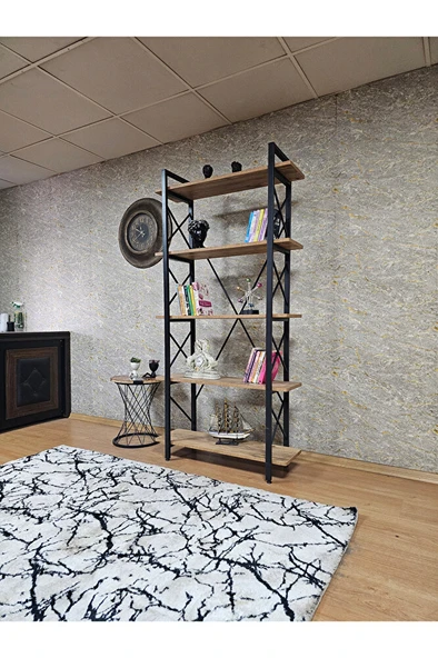 Çıkıntılı Siyah Boyalı Kitaplık - 5 Raflı Suntalem Lüks Kitaplık Atlas Çam - 3