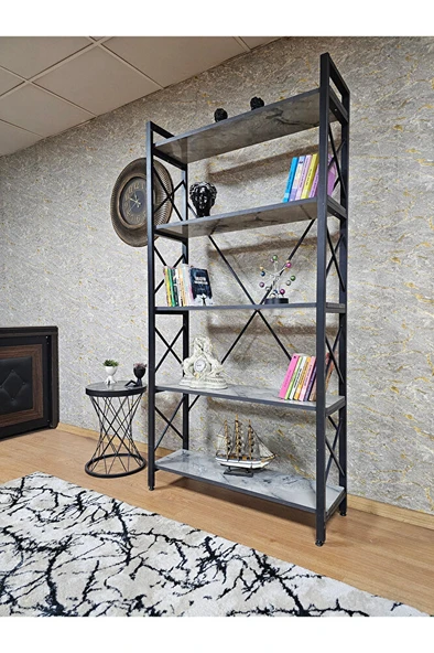 Siyah Boyalı Kitaplık - 5 Raflı Suntalem Lüks Kitaplık Marmol