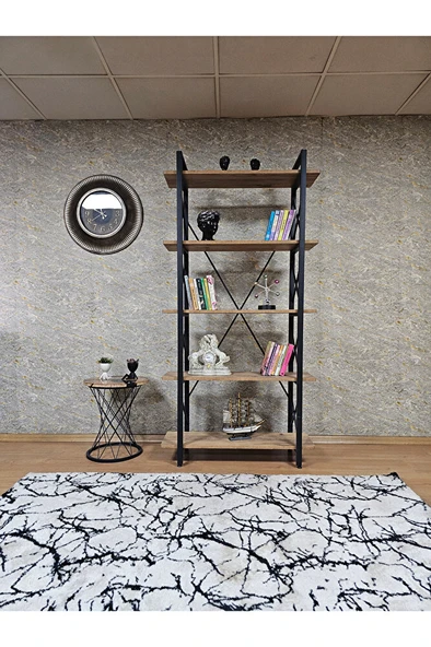 Çıkıntılı Siyah Boyalı Kitaplık - 5 Raflı Suntalem Lüks Kitaplık Atlas Çam - 2