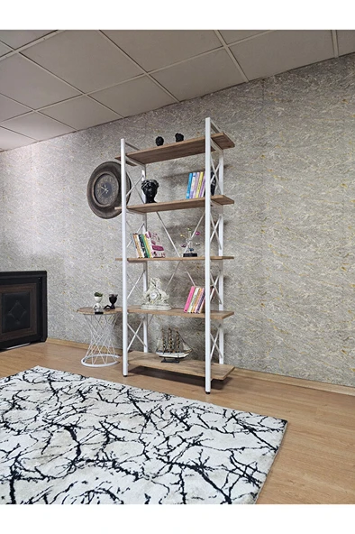 Çıkıntılı Beyaz Boyalı Kitaplık - 5 Raflı Suntalem Lüks Kitaplık Atlas Çam - 3