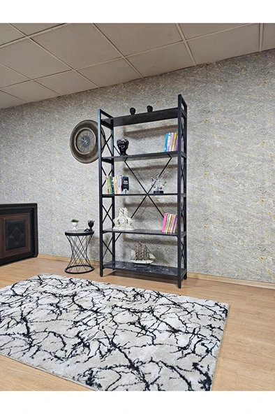 Siyah Boyalı Kitaplık - 5 Raflı Suntalem Lüks Kitaplık Siyah Mermer - 3
