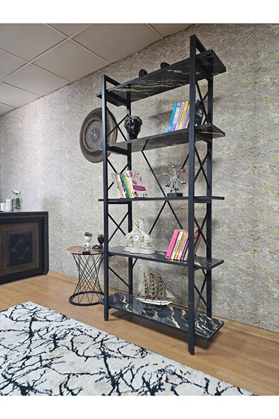 Çıkıntılı Siyah Boyalı Kitaplık - 5 Raflı Suntalem Lüks Kitaplık Luanda