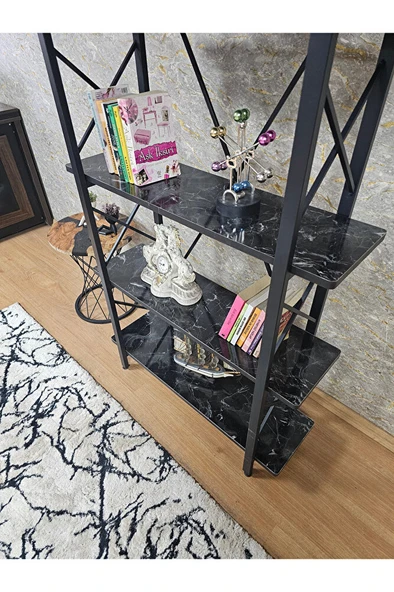 Çıkıntılı Siyah Boyalı Kitaplık - 5 Raflı Suntalem Lüks Kitaplık Siyah Mermer - 4