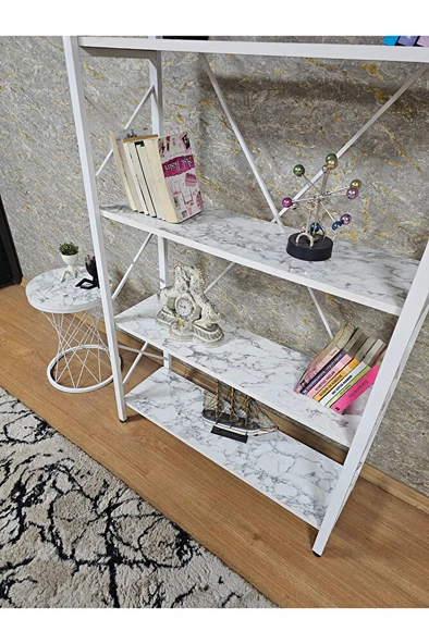 Beyaz Boyalı Kitaplık - 5 Raflı Suntalem Lüks Kitaplık Beyaz Mermer - 4