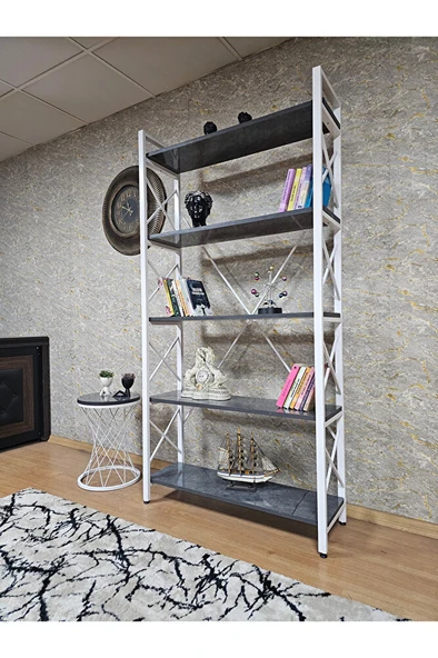 Beyaz Boyalı Kitaplık - 5 Raflı Suntalem Lüks Kitaplık Aris Gri