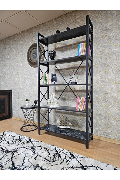 Siyah Boyalı Kitaplık - 5 Raflı Suntalem Lüks Kitaplık Siyah Mermer