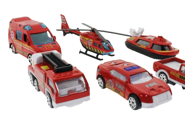 OMZ 10'lu Die Cast Metal İtfaiye Araçları Seti Kız Erkek Çocuk Oyuncak Eğitici Oyuncaklar - Resim 3