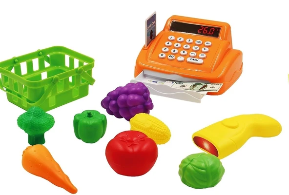 OMZ Turuncu Yazar Kasalı Market Seti Kız Erkek Çocuk Oyuncak Eğitici Oyuncaklar ürün görseli 1