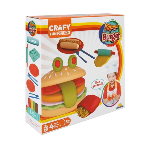 OMZ Crafy Süper Burger Oyun Hamuru Seti 200 gr. 12 Parça Kız Erkek Çocuk Oyuncak Eğitici Oyuncaklar