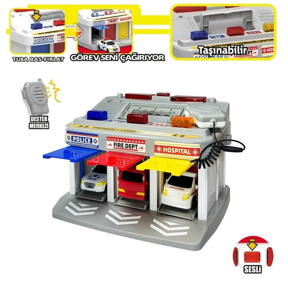 OMZ LFI-9555 Işıklı Müzikli İlk Yardım Garajı (Ambulans, Polis, İtfaiye Araçları) Kız Erkek Çocuk Oyunca - Resim 2