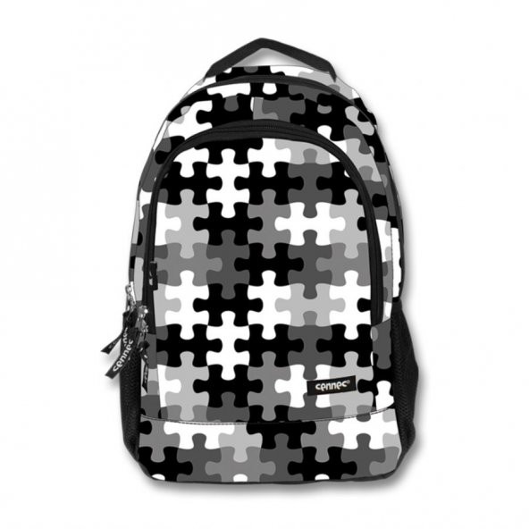 Cennec Puzzle Desenli Sırt Çantası (Siyah/Beyaz)