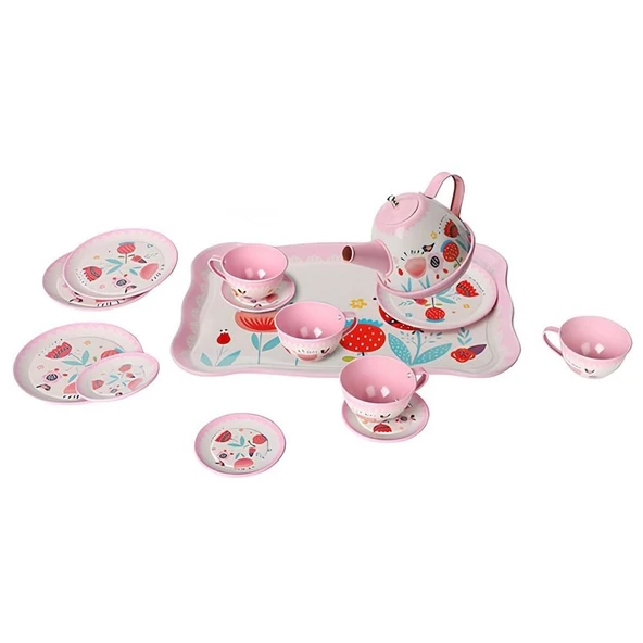 OMZ ATF-998A-998B 15 PARÇA ÇİÇEK DESENLİ METAL ÇAY SET Kız Erkek Çocuk Oyuncak Eğitici Oyuncaklar - 2