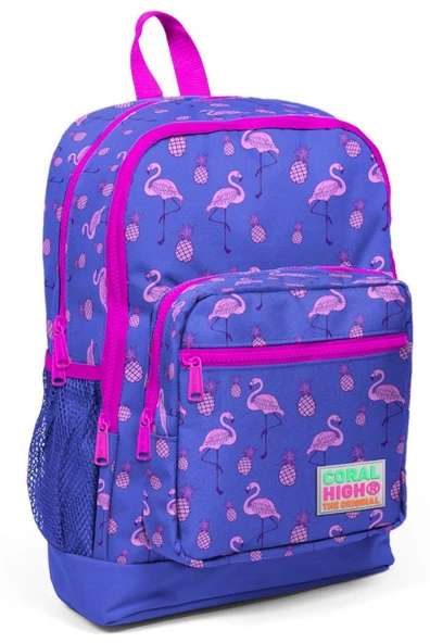 Coral High Kız Çocuk İlkokul Çantası - Pembe-Mor Flamingo Desenli - Dört Bölmeli