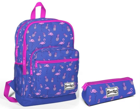 Dört Gözlü İlkokul Sırt Çantası ve Kalemlik Seti - Kız Çocuk Mavi-Pembe Flamingolar ürün görseli