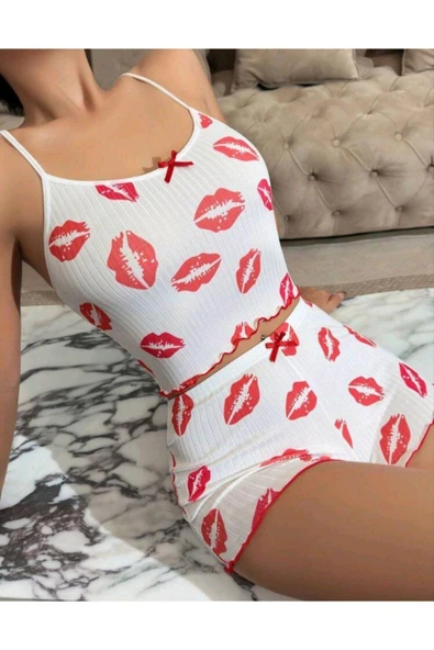 AmoraSecret AmoraSecret Kiss Öpücük Beyaz Şortlu Takım - 3