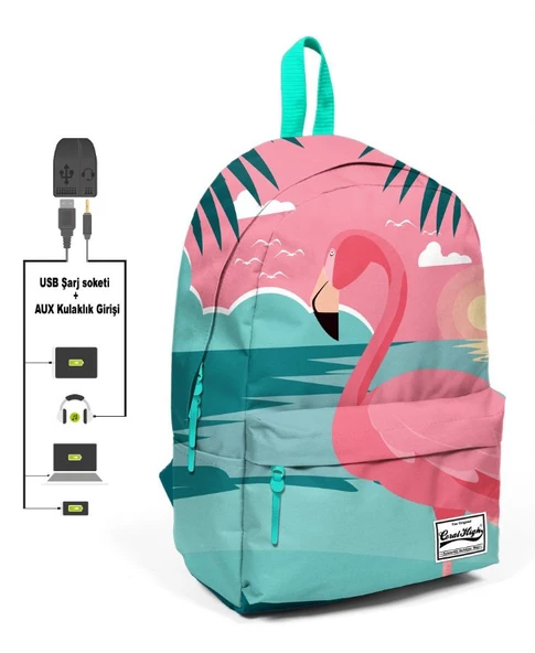 Coral High Yeşil Pembe Flamingo Desenli Sırt Çantası - Okul ve Günlük - USB+AUX Soketli ürün görseli