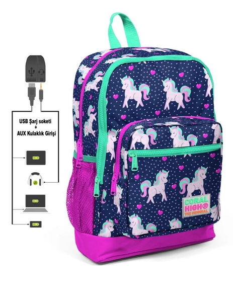 Coral High Kids Dört Gözlü Kız Çocuk İlkokul Çantası - Kuğu Desenli - USB+AUX Soketli
